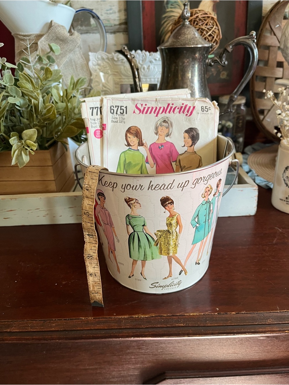 Vintage Inspired Metal Bucket & 2 Vintage sewing patterns Read
